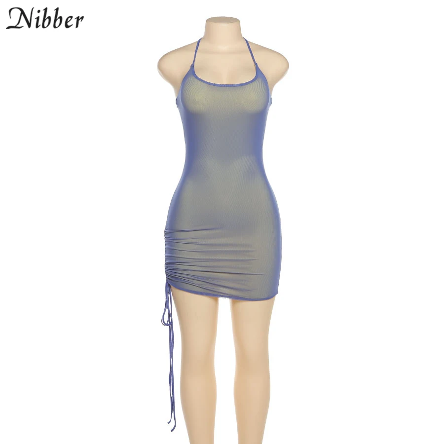Nibber Solid Color Drawstring Party Wrap Dress Women Sling Sleeveless Halter Bodycon Club Wear Summer Sexy Basic Mini Dresses