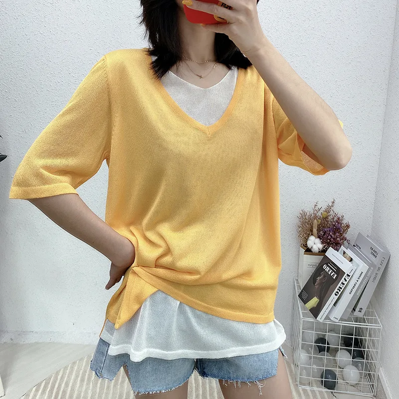 

Women Patchwork Design Short Sleeve T Shirt Women Loose Chic Streetwear V Neck Pullover Female Plus Size Tee Tops