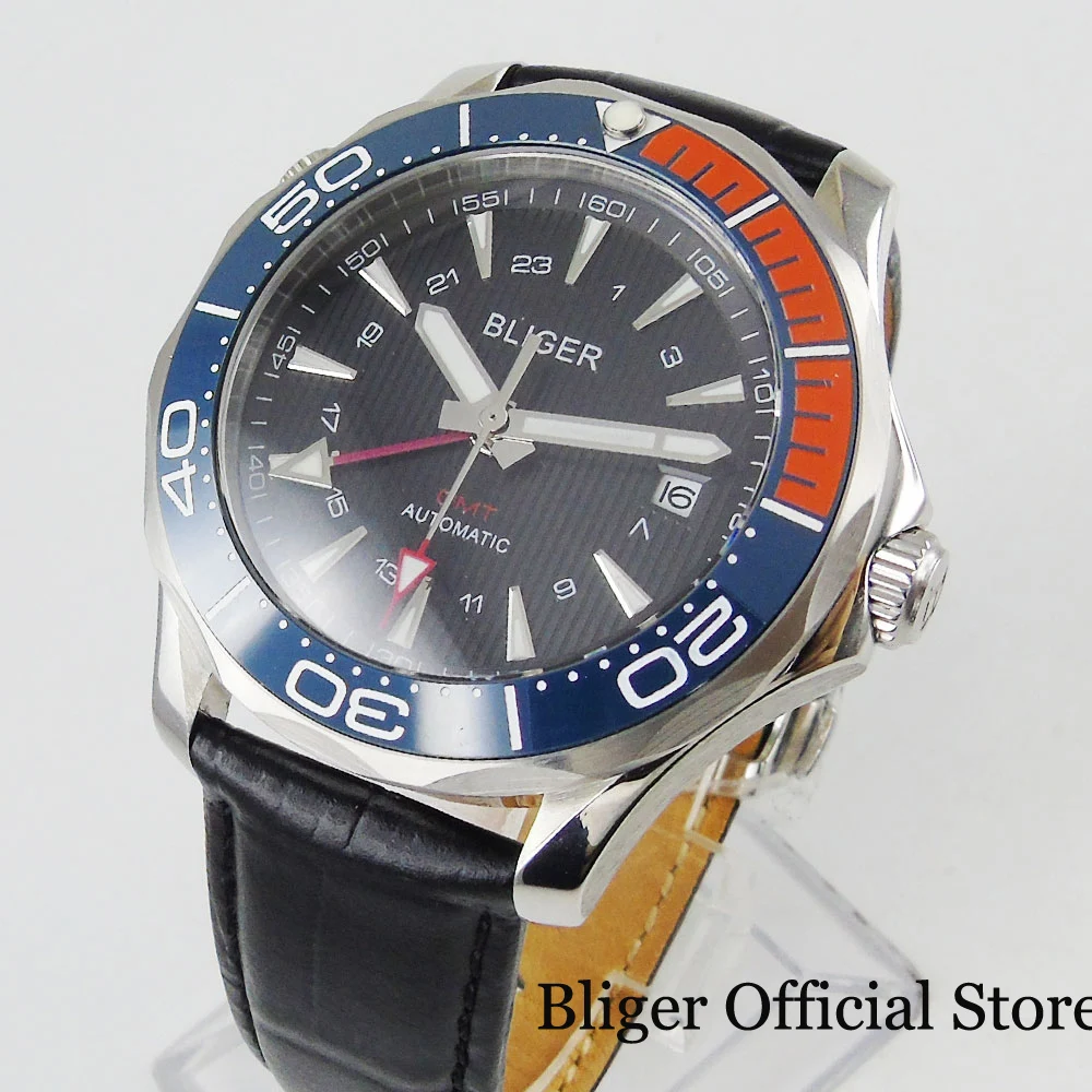 6 Models BLIGER 41mm Black Dial Date Window GMT Function Sapphire Glass Self Winding Men Wristwatch Leather Strap Ceramic Bezel | Наручные
