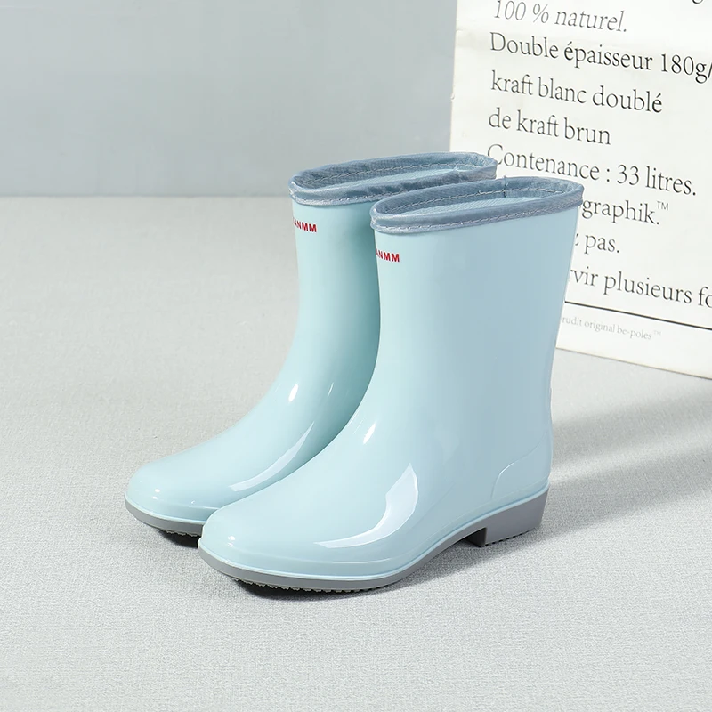 Pvc Water Shoes Women Thick Heel Mid Calf Boots Waterproof 2021 Color Female Casual Rainboots for Rain Winter Warm Sock Boots