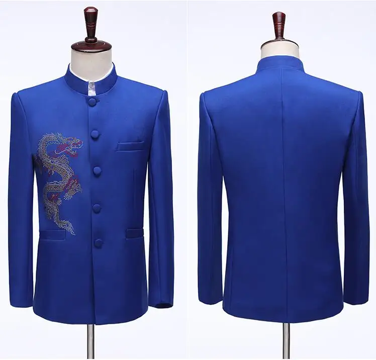 

Blazer men Chinese tunic suit set with pants mens embroidery Dragon suits costume singer star stage clothing formal dress