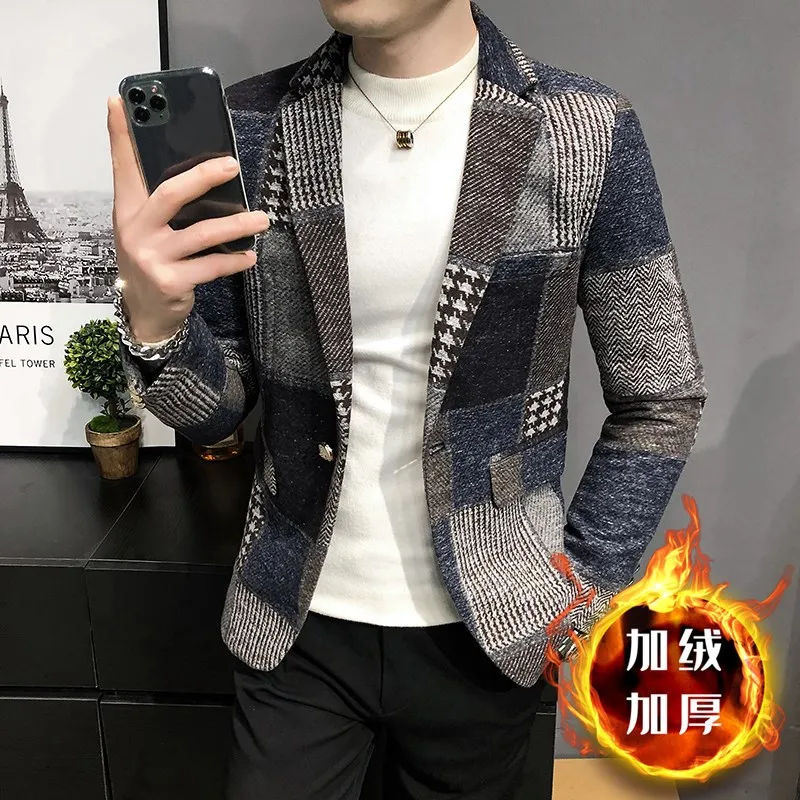 

Мужской маленький костюм, модная плюшевая теплая приталенная куртка, модный мужской Клетчатый костюм в Корейском стиле