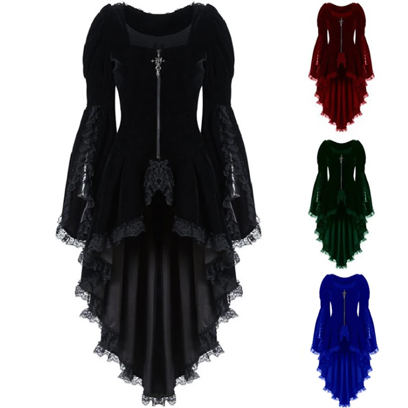 Women Lace Patchwork High Low Dress Gothic Style Tuxedo Clothes Medieval Performing Autumn Winter Vintage Ruffle Long Dresses