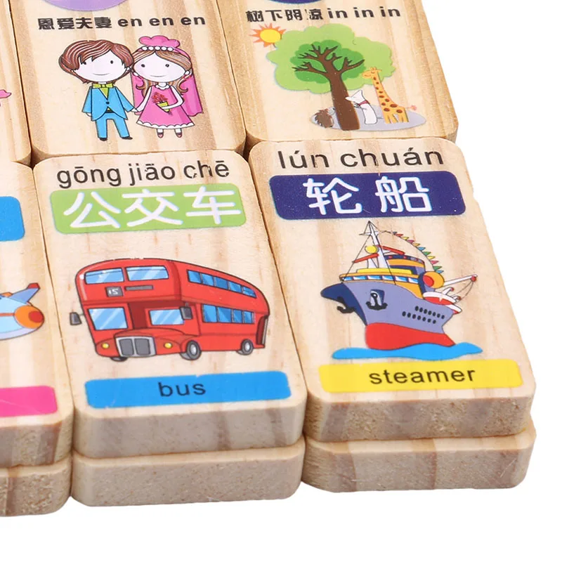 

New Hot Sale 100Pcs/Set Authentic Standard Wooden Dominoes English Chinese Pinyin Domino Blocks Kids Educational Toys