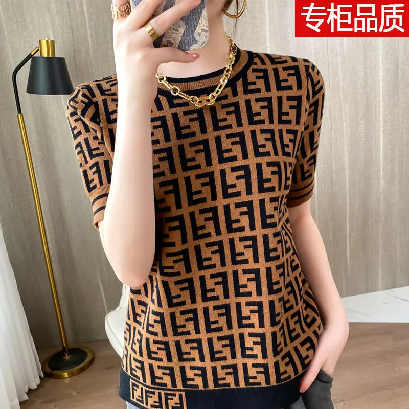

2021 Spring and Summer New Letter Jacquard Knitting Half Sleeve Women's Round Neck T-shirt Short Sleeve Versatile Fashion Primer