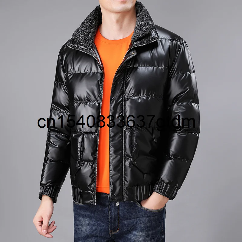 

New men's fattening plus size fashionable leisure stand collar bright face Pu down jacket in winter 2021