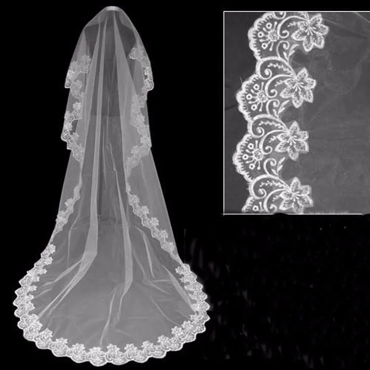 

Delightful velos de novia Bride Bridal Veils Accessories 3 Meters Long Lace Tulle Head Wedding Veils
