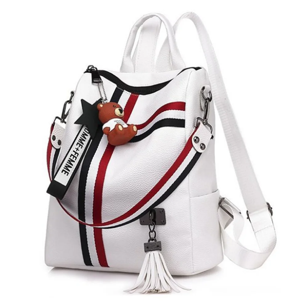 

Tassel PU Leather Women Backpack Kawaii Daily Back Pack Bag Strap School Supplies for College Student Backpacks for Girl White