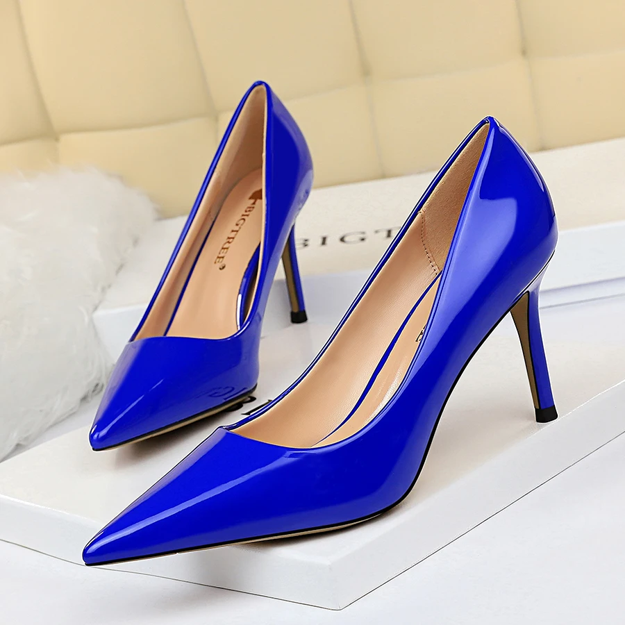 Plus Size 34-44 Hot Women Shoes Pointed Toe Pumps Patent Leather Dress High Heels Boat Wedding Zapatos Mujer 2020 Bigtree Shoes