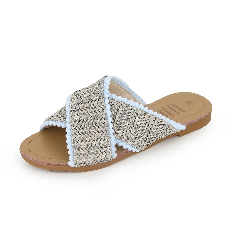 

Female Shoes Ladies' Slippers String Bead Luxury Slides Low 2021 Flat Designer Summer Fabric PU Basic Hoof Heels Hemp Rubber