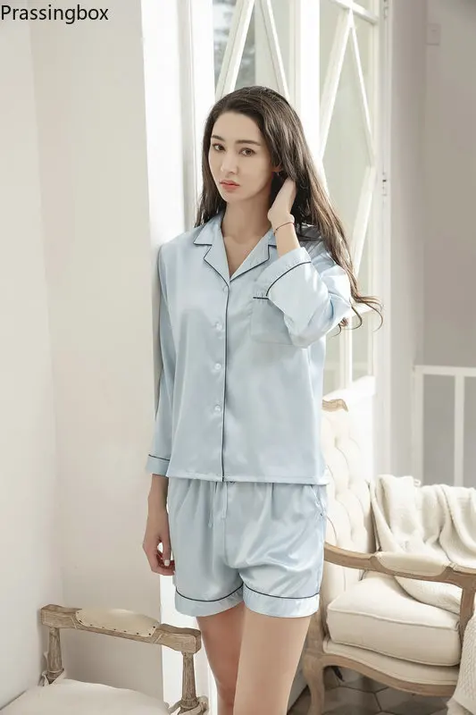 Satin Silk Pajamas for Women Long Sleeve Pyjamas Set and Shorts Homewear Pajamas Sleepwear Pjs Women Solid V-Neck Pijamas Set