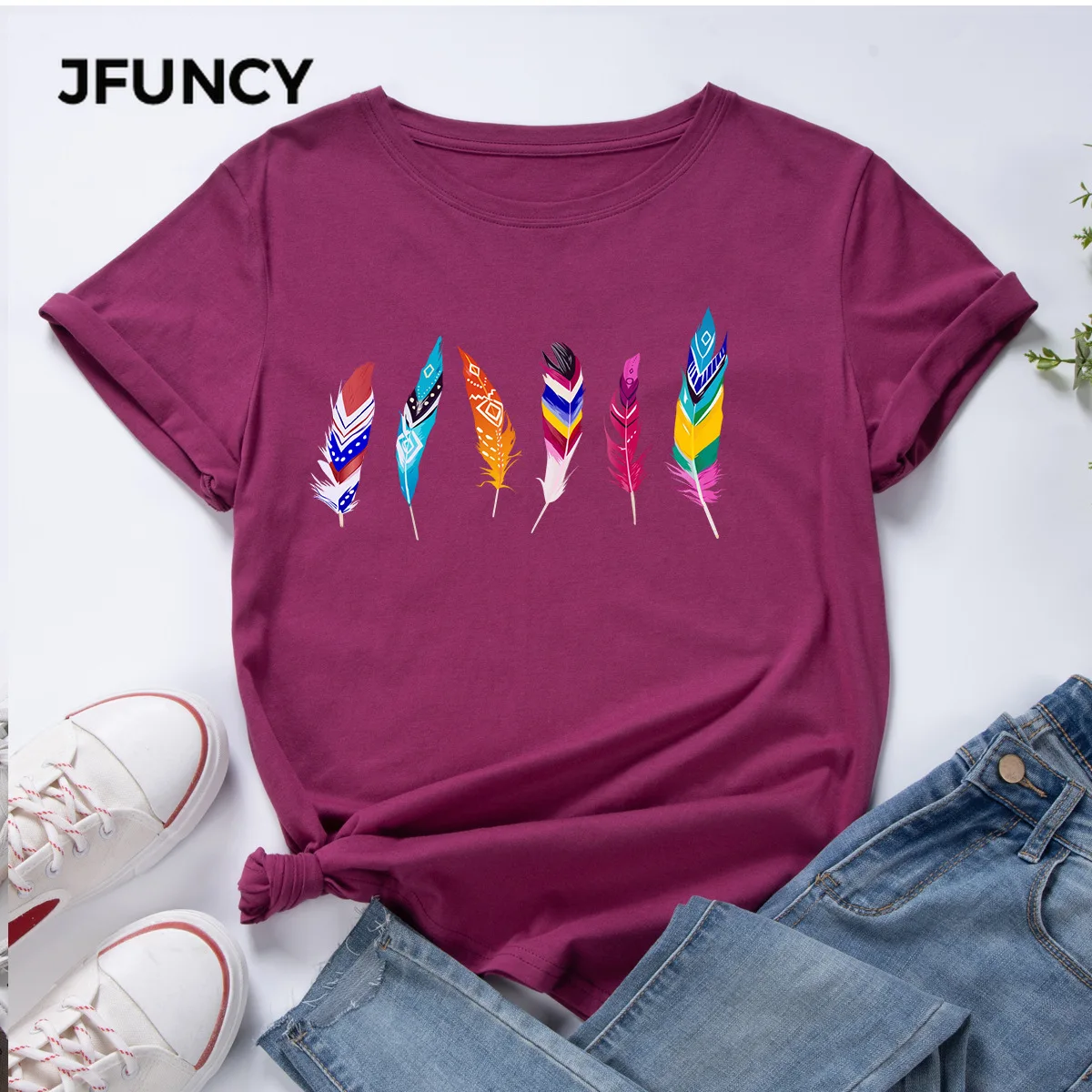 

JFUNCY Lady Tops Summer Cotton Woman Graphic Tee Shirts Color Feather Print Female Tshirt Large Size Harajuku Women Clothes