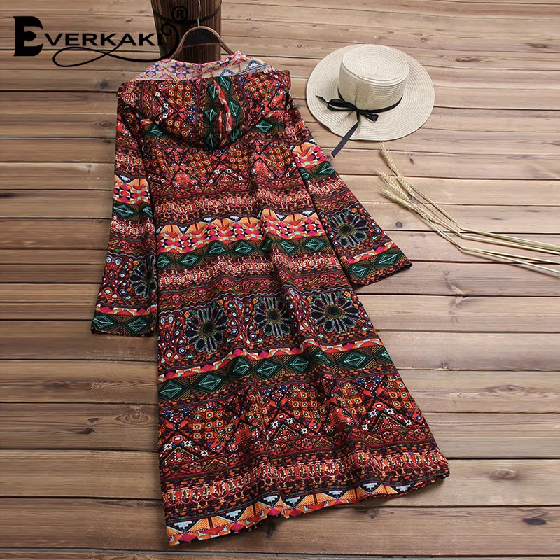 Everkaki Boho длинное пальто куртки женские большие размеры с принтом шляпы свободные