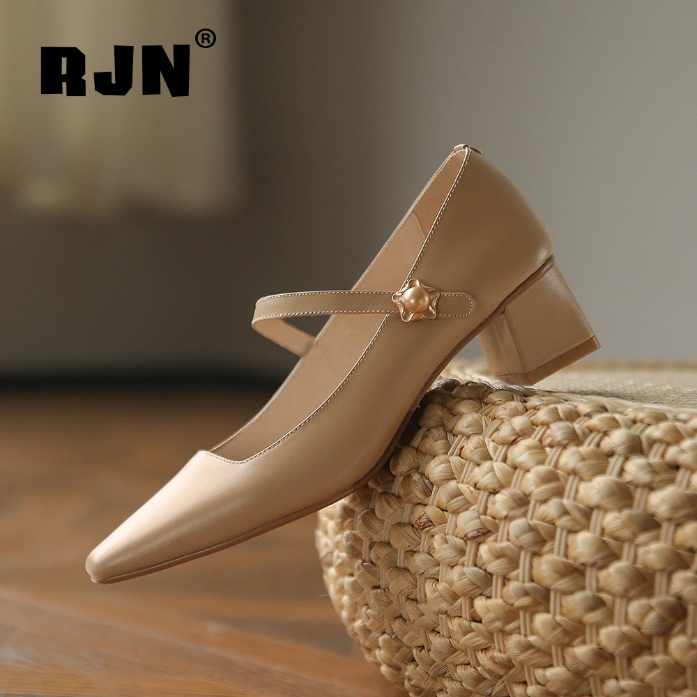 

RJN 2021 Spring New Women's Shoes High-quality Genuine Leather High Heel Shoes with Metal Buckle Office Lady Ladies Pumps RO667