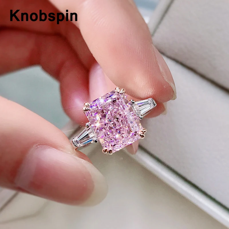 

Knobspin 100% 925 Sterling Sparkling Silver 4CT High Carbon Diamond Pink RingsFor Women Engagement Party Fine Jewelry