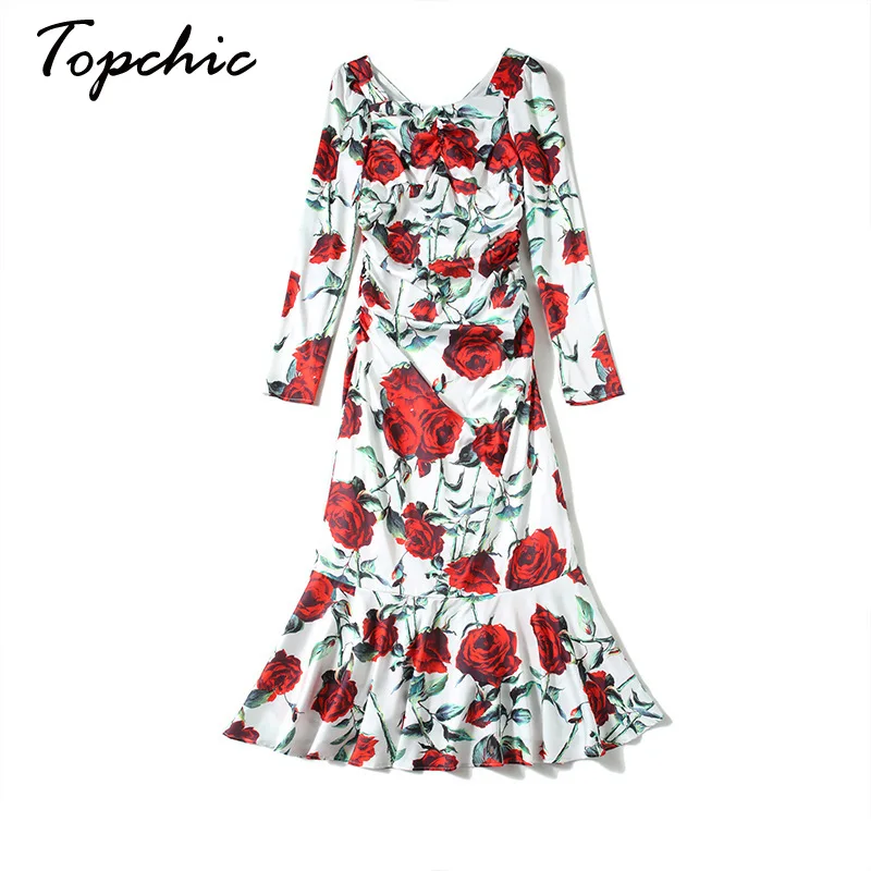 

Spring Autumn Runway Designers Vintage Floral Printed Midi Mermaid Dresses For Women 2021 Elegant Draped Long Sleeve Vestidos