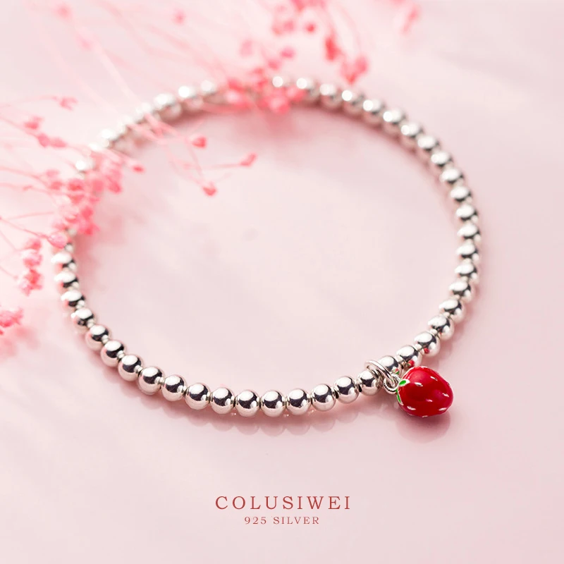 COLUSIWEI 925 Sterling Silver Cute Strawberry Charm Bracelet for Women Fashion Beaded Korea Style Jewelry Girl Gift | Украшения и