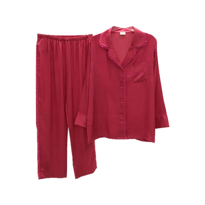 

2PCS Pajamas Set Women Thin Silky Satin Sleepwear Spring Summer Long Sleeve Shirt&pant Casual Loose Sweet Lace Home Clothes