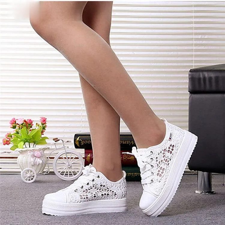 

New Women Shoes 2021 Fashion Summer Casual White Shoes Cutouts Lace Canvas Hollow Breathable Platform Flat Shoes Woman Sneakers
