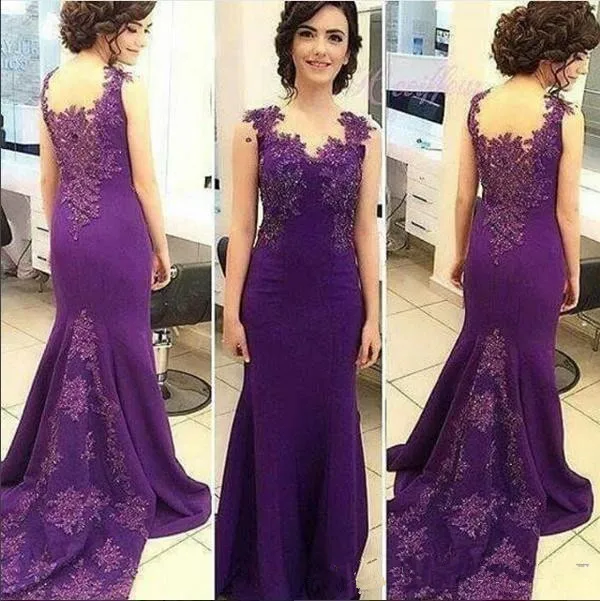 

2019 Mother Of The Bride Dresses Purple Lace Appliques farsali Beaded Hollow Back Long Mermaid Evening gown vestido de madrinha