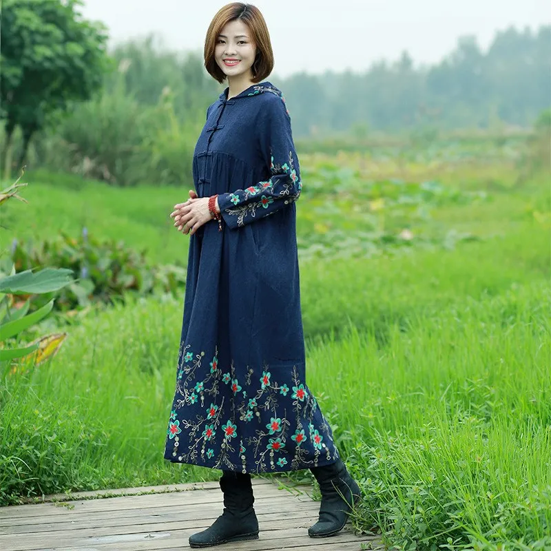 Винтажные женские хлопковые пальто китайский длинный плащ ветровка с капюшоном