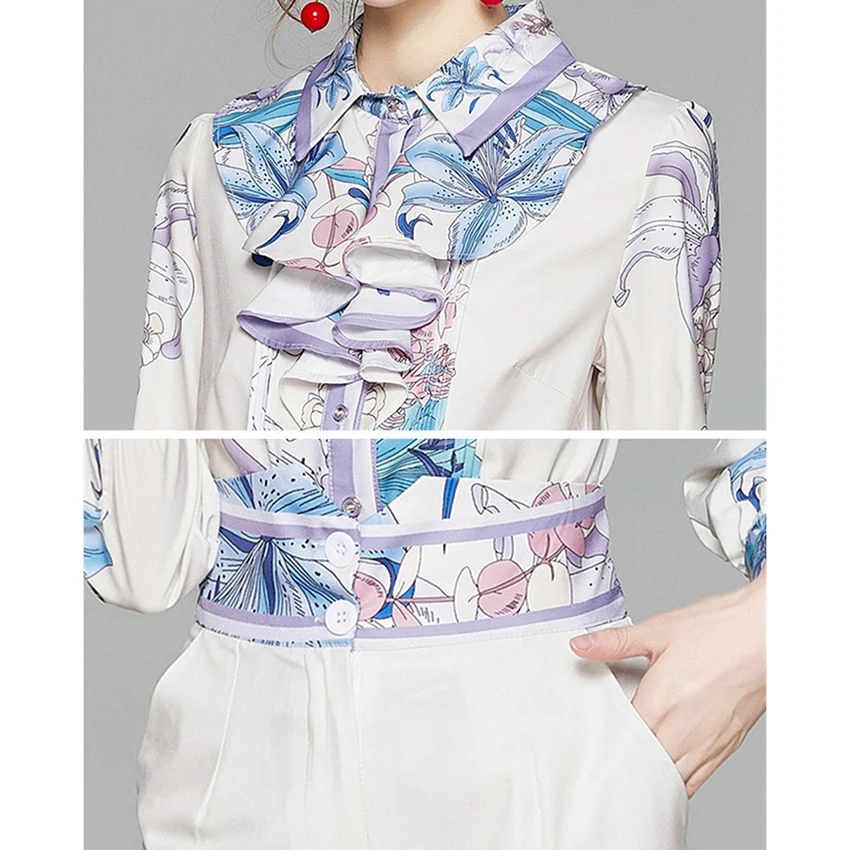 

2021 Spring Autumn 2 Piece Set Women Designer Runway Two Piece Pants Sets Elegant Long Sleeve Shirt Tops +Full Length Pants