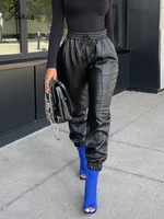 joskaa high waist pu jogger trouser for women faux leather bodycon moto biker streetwear drawstring black sexy pleated bottoms