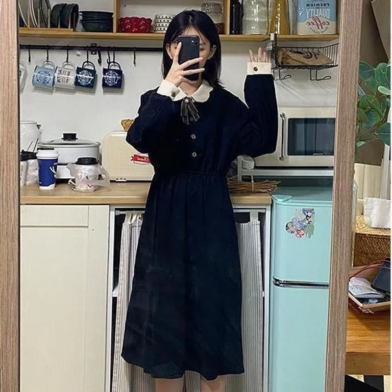 Dress Women Patchwork Loose College Sailor Collar Leisure Student Autumn Japanese Style Sweet Kawaii Fashion Popular A-line Ins | Женская