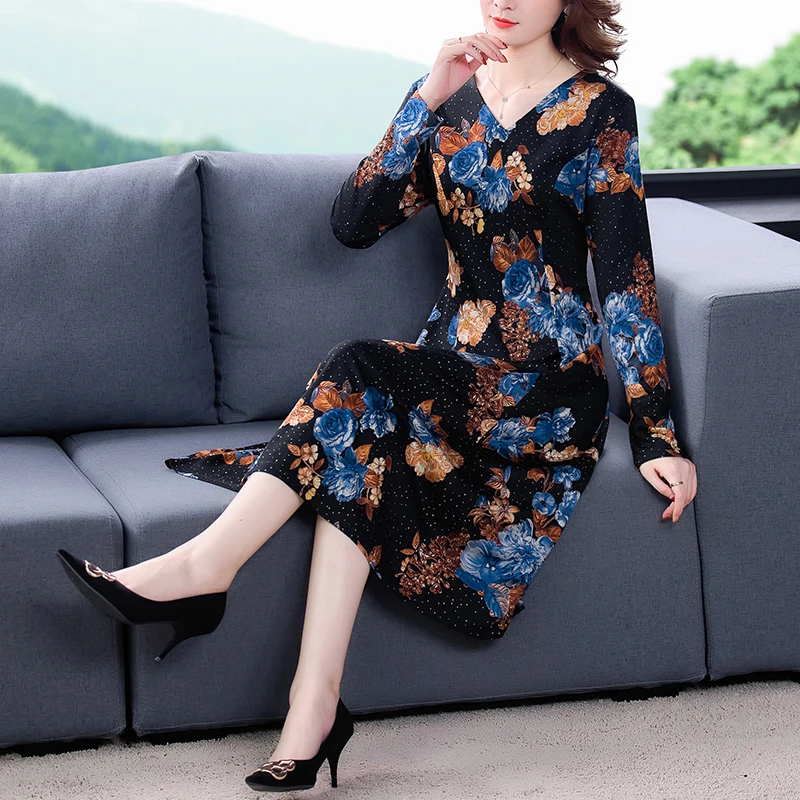 

2021 Spring Yellow Floral Casual Midi Dresses Vintage Print 4XL Plus Size Long Sleeve Women Elegant Dresses Bodycon Party Classy