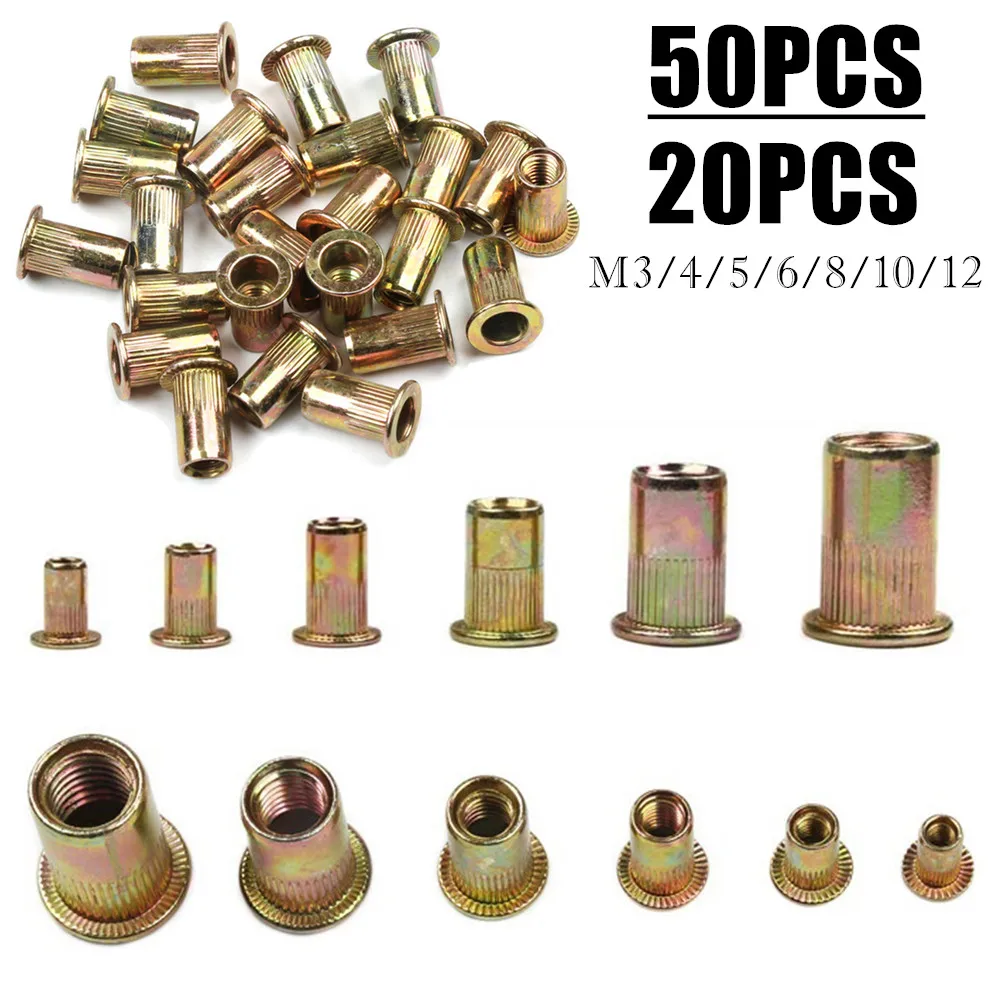 

Гайки с накаткой из оцинкованной углеродистой стали, M3/4/5/6/8/10/12, плоская головка заклепки с резьбой, 50/20 шт.