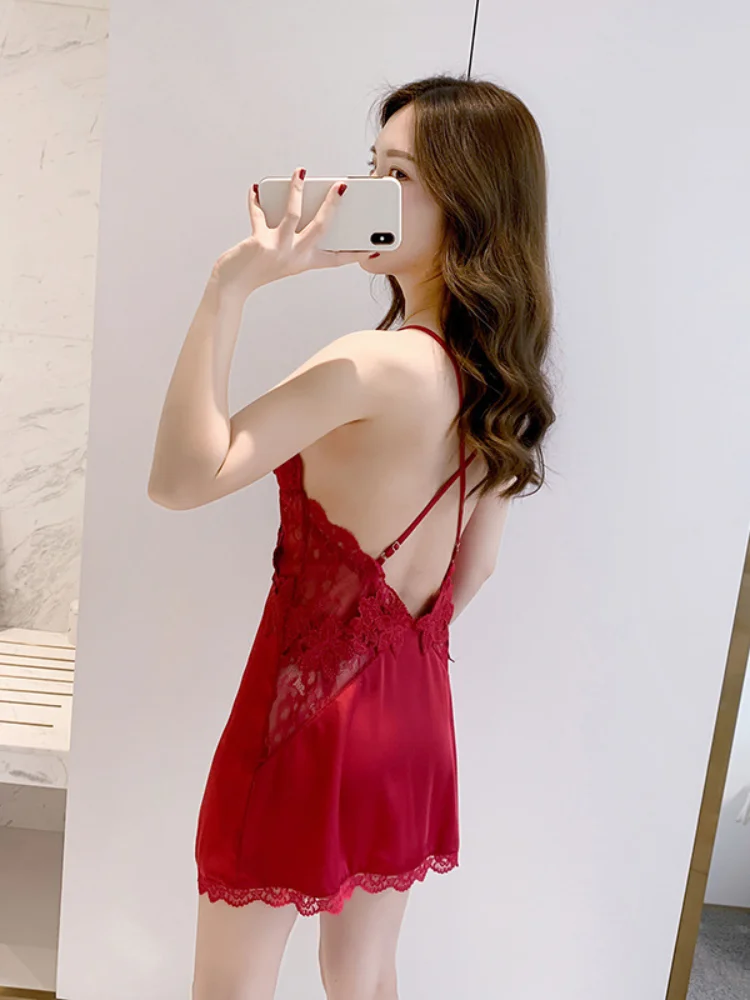 

Spring and Summer Thin Sexy Women with Silk Lace Stitching Mini Sling V-neck Halter Nightdress Short Dress Sleepwear Women