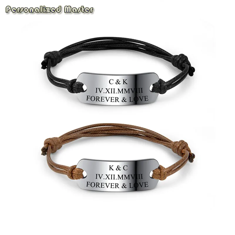 

Personalized Master Customized Name Tag Stainless Steel Tag Leather Rope Bracelets Adjustable Text Engraved Bracelet DIY Jewelry