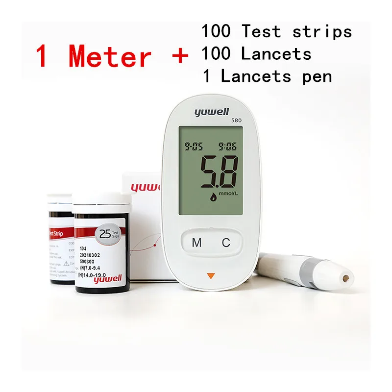 Meter - 100 strips Yuwell 580 измеритель уровня глюкозы в крови диабетический измеритель уровня сахара в крови домашний 580+ 50/580+ 100/100 шт тест-полоски - Цвет: Meter - 100 strips