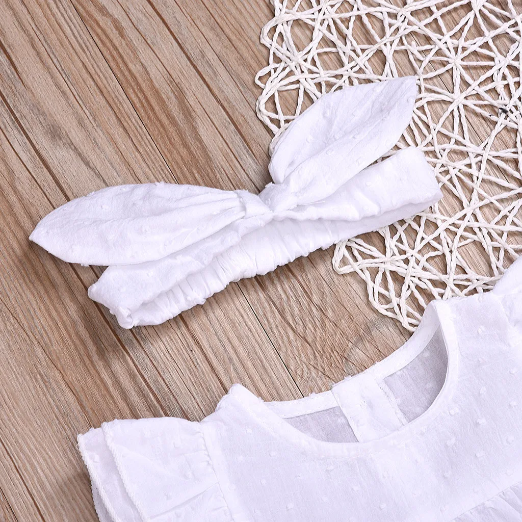 Girls Summer Outfits Toddler Kids Baby Sleeveless Solid Frill Princess Dress + Headband Outfit Vetement Fille For 6M-2Y | Детская одежда