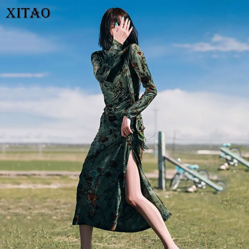 

XITAO, новое платье, галстук, краситель, винтажное, флокированное, сливовое, модное, темпераментное, с разрезом, длинное, Cheongsam, китайский стиль, ...