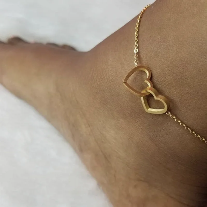 DIANSHANGKAITUOZHE Gold Colour Bijoux De Pied Femme Leg Chain Stainless Steel Bracelet Women Double Heart Foot Anklets|foot anklet|bijoux de