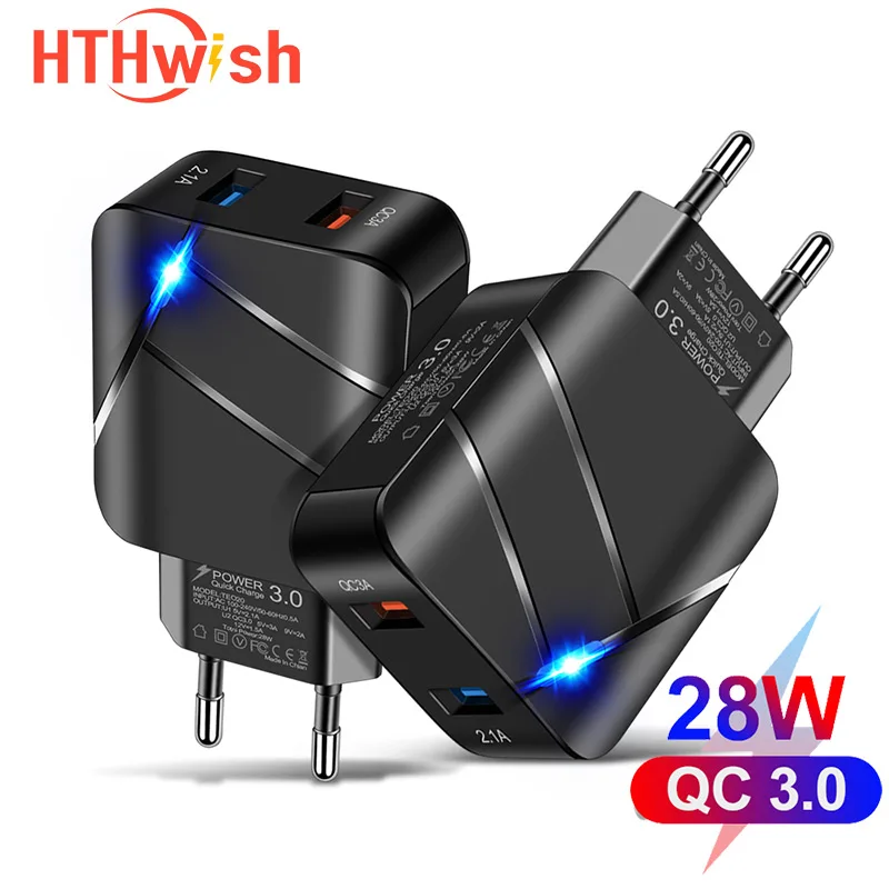 

QC 3.0 28W USB Charger Adapter 5V 2A Quick Charger 2 USB Port Universal Adapter Travel Fast Charging Illuminated EU US Wall Plug