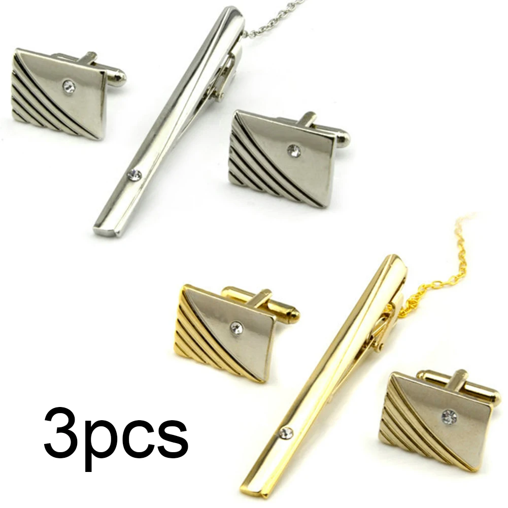 

3 Pcs Metal Clothes Curve Stripes Business Cuff Link Set Party With Rhinestone Gift Wedding Plated Accessories Fashion Tie Clip