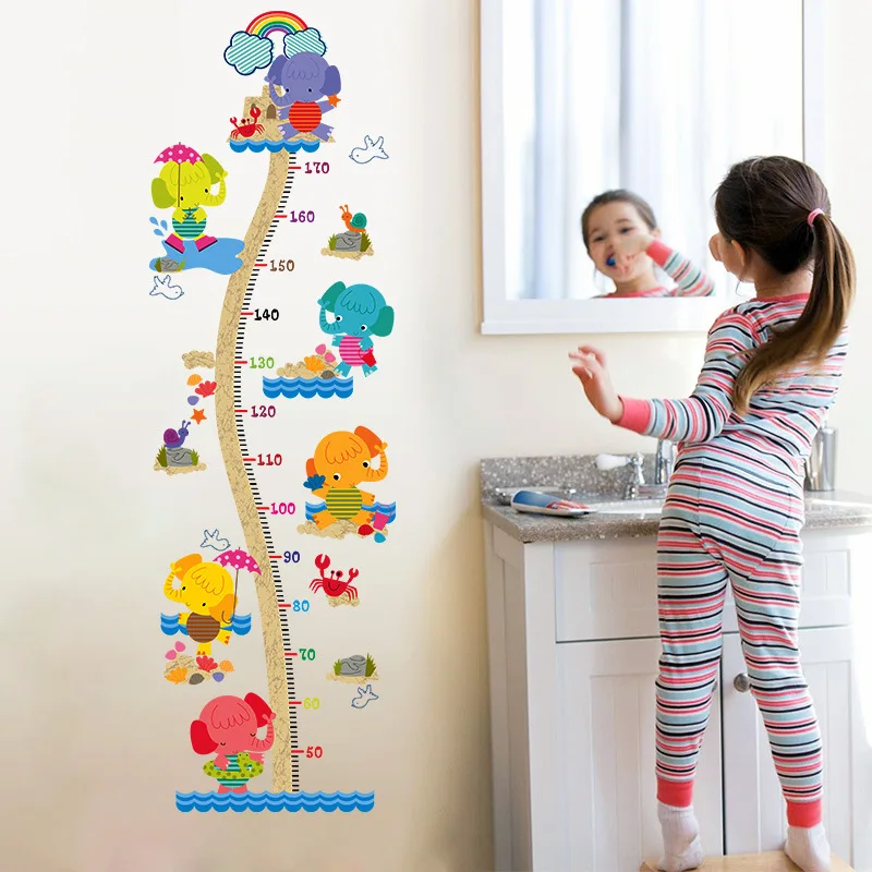 

Cute Baby Elephant Height Measure Wall Stickers For Kids Room Decor Cartoon Animal Wall Mural Art Diy 3d Home Decals