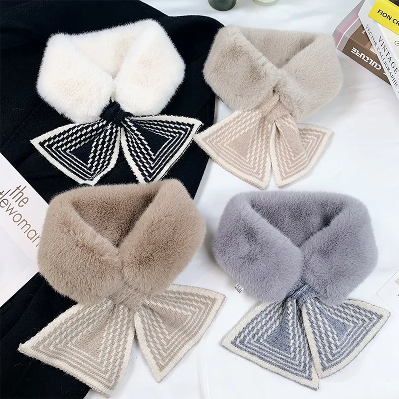 

2021 fur collar korea style ins creative imitation rabbit fur collar stripe warm wool knitting scarf women