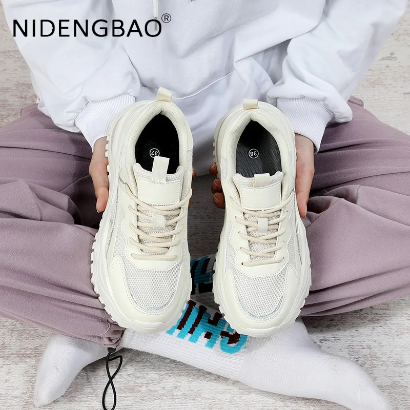 Women Casual Sneakers Mesh Breathable Thick Sole Heighten Chunky Shoes Platform Footwear Outdoor Walking Sports Shoes Size 35-43