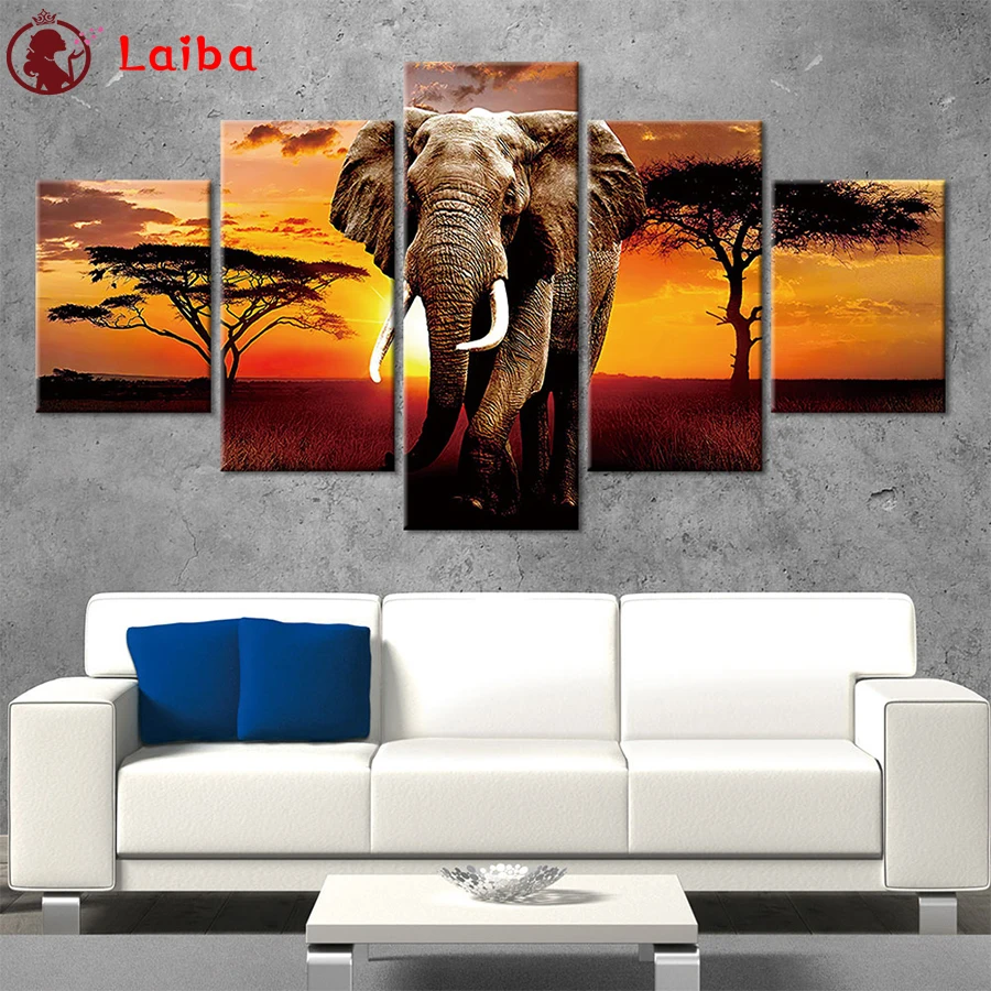 

5D DIY Diamond Painting Modern animal art, sunset African elephant cross stitch mosaic full diamond embroidery painting5pcs