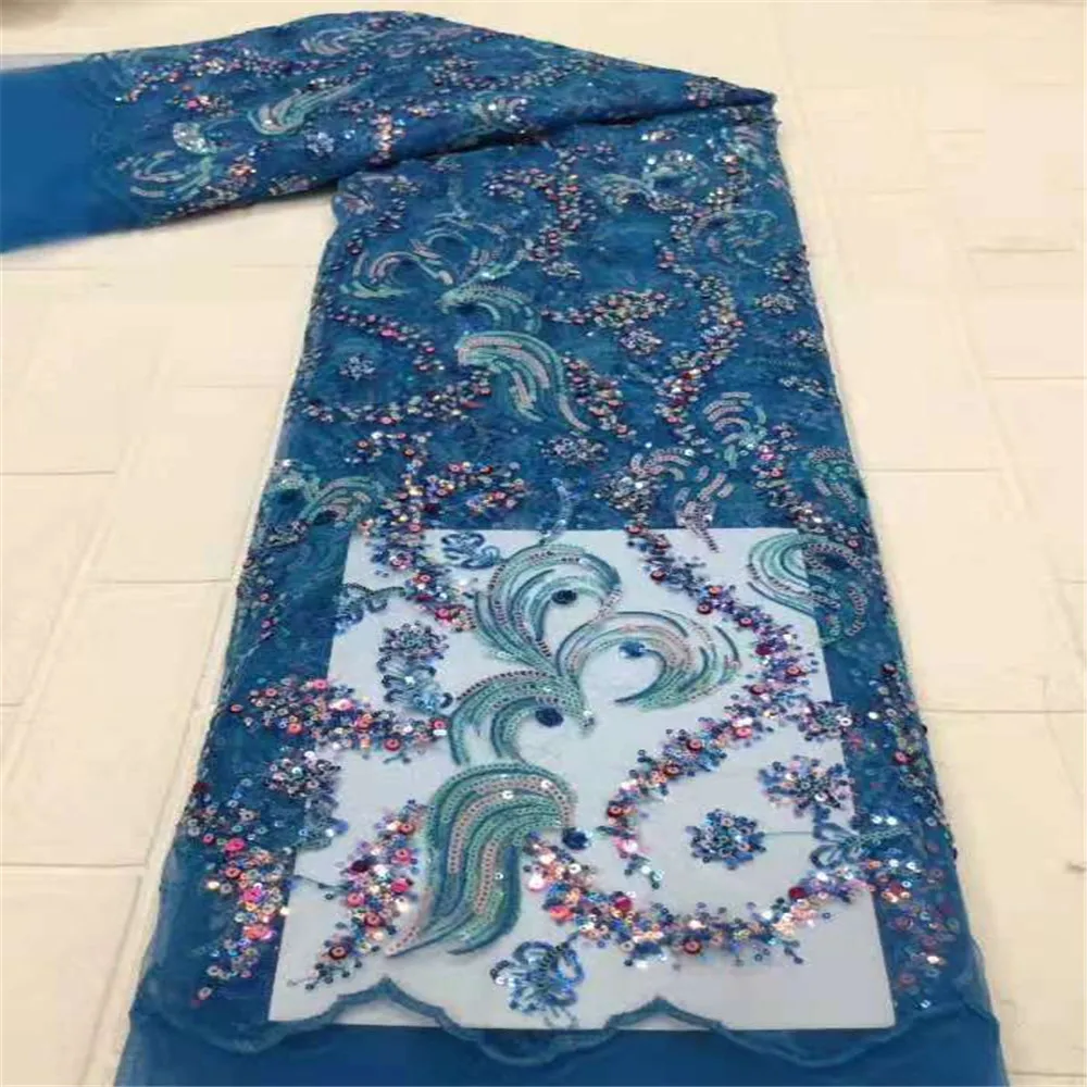 

5 yard Newest hot Selling French Lace with Sequins High Quality African Tulle cord Lace Net Embroidered Lace Fabric FJ210-304
