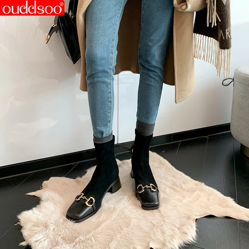 

ODS Women Sexy Suede Ankle Boots Chunky Heel Square Toe Shoes Fashion Black White Autumn Winter Shoes New 2022 Big Size 42
