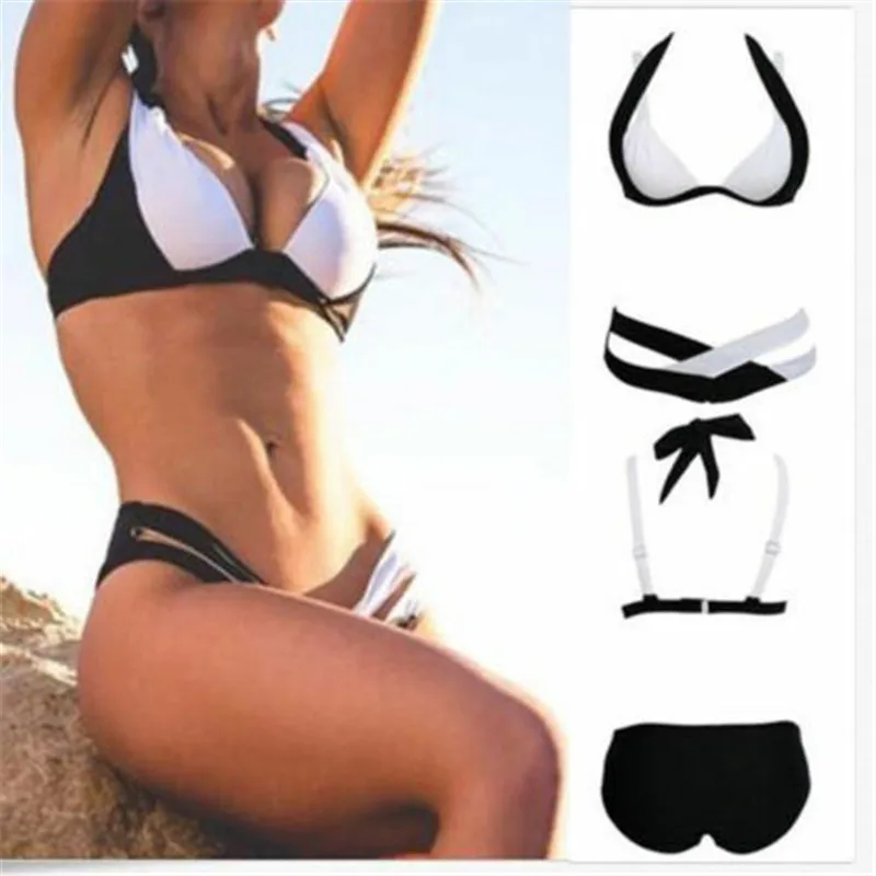 Женский летний горячий Холтер шеи черно-белые ремешки крест купальники бикини