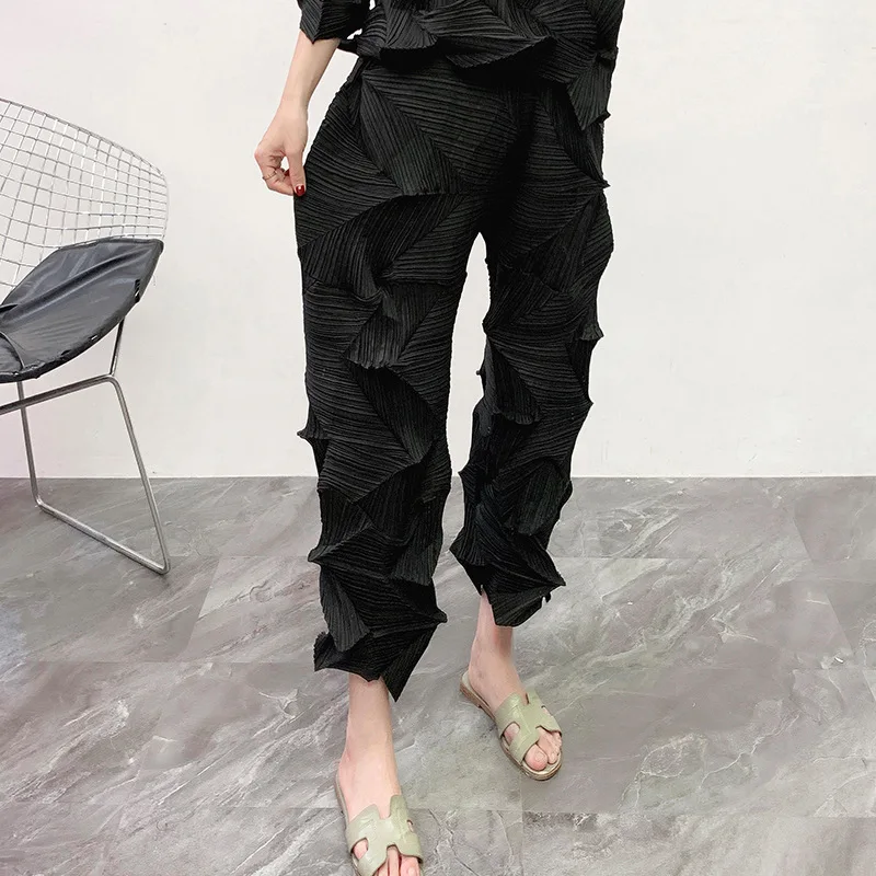 black pants 2 шт. наряды для женщин Miyake складки пожалуйста однотонный повседневный комплект пуловер футболка длинные широкие брюки осенний модный костюм - Цвет: black pants