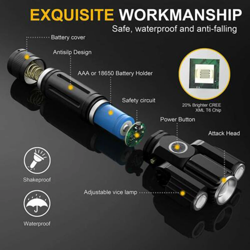 

Super Bright LED Three-lamp Flashlight Waterproof Zoom Bicycle Light 4 Lighting Modes Rotatable Outdoor Emergency Lighting Lamp