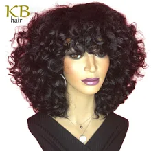 Bouncy Curly Human Hair None Lace Wig With Bangs Machine Made Scalp Top Wig Brazilian Remy Bouncy Curly Wigs 200Density