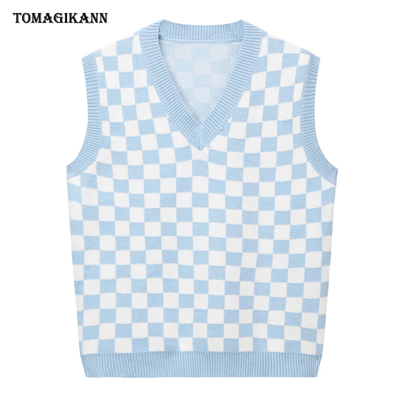 

Preppy Style Plaid Knitted Vest for Women V Neck Hit Colors Sleeveless Sweater 2021 Autumn Winter Casual Knitting Pullover