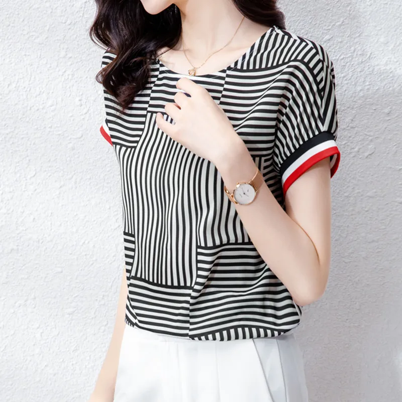 

Women's Shirt Plaid Blouses for Women Short Sleeve Shirt Tops Women 2021 Striped O-neck Blouse Woman Basic Fashion Clothing OL
